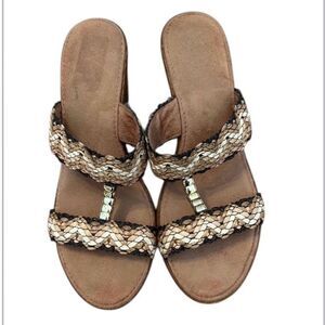 Size 9 tan white brown woven gold beaded wedge  4” heel 1-2” sole sandals GUC